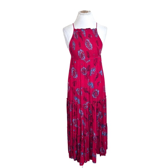 Free People Dresses & Skirts - Free People Garden Party Tiered Smocked Maxi Dress Size S Red Boho Floral Flowy